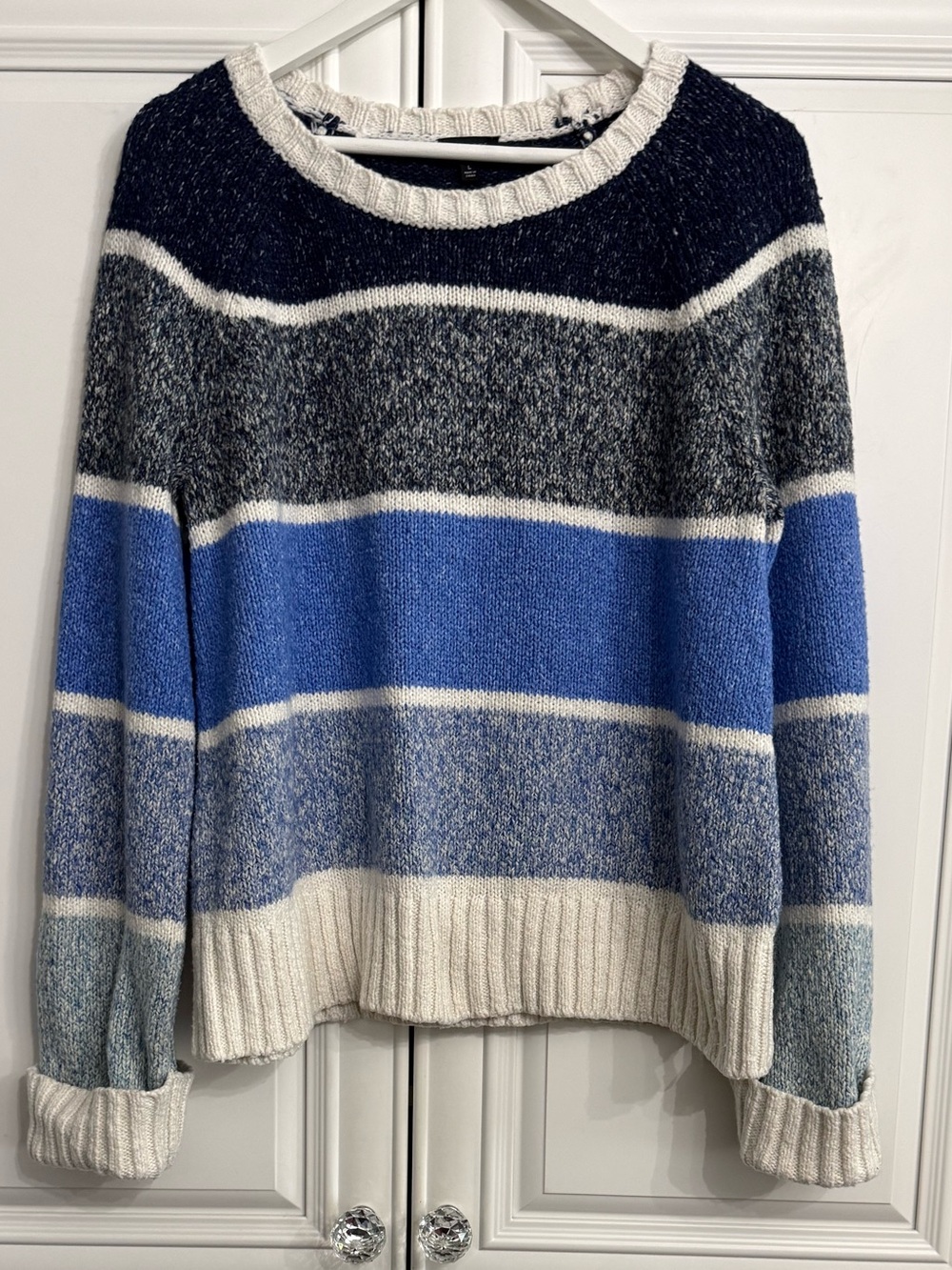 Talbots Striped Chunky Knit Crewneck Sweater in Navy, Royal Blue & Ivory Size L